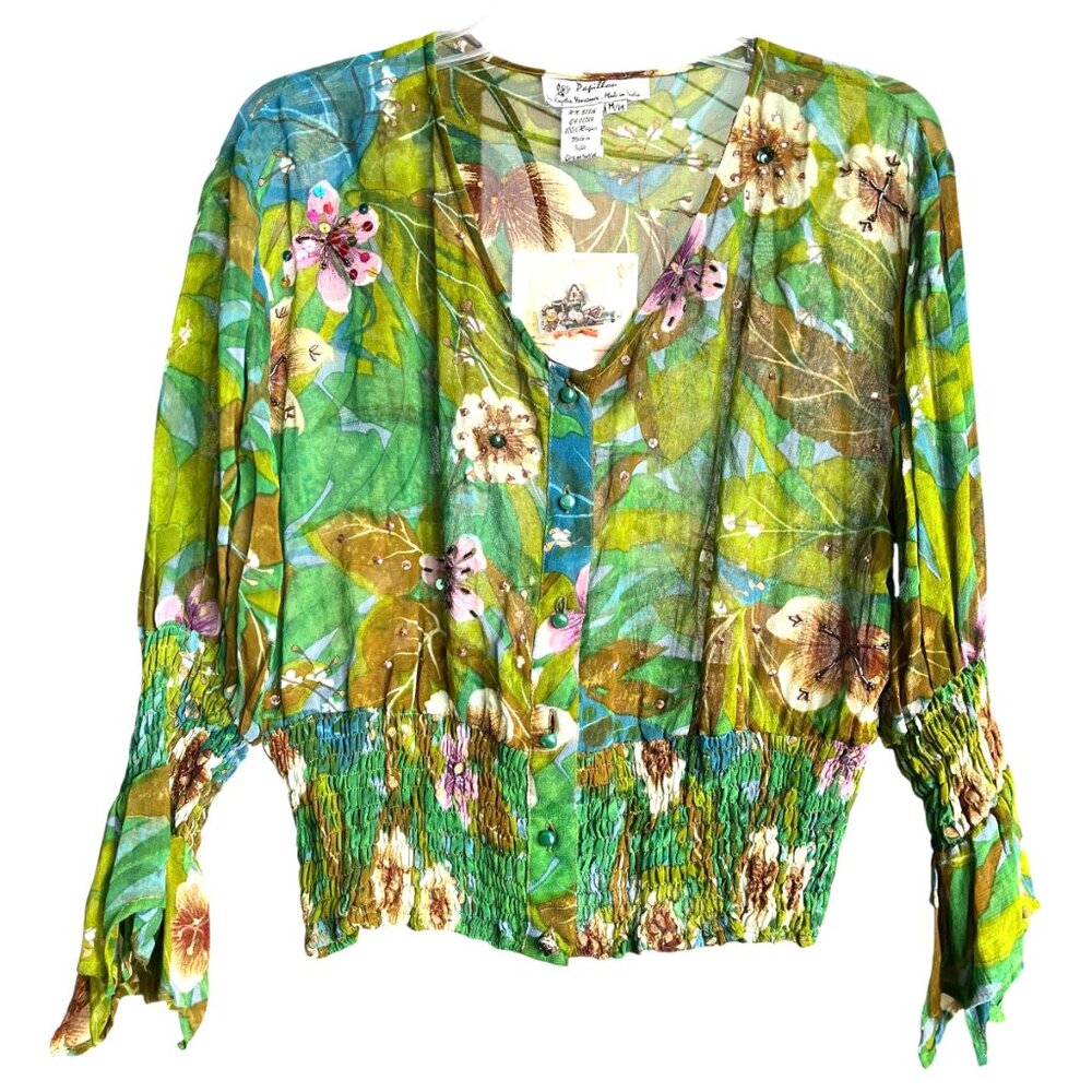 NWT Papillon Los Angeles Vancouver Green Tropical Smocked Waist Blouse Top Sz M